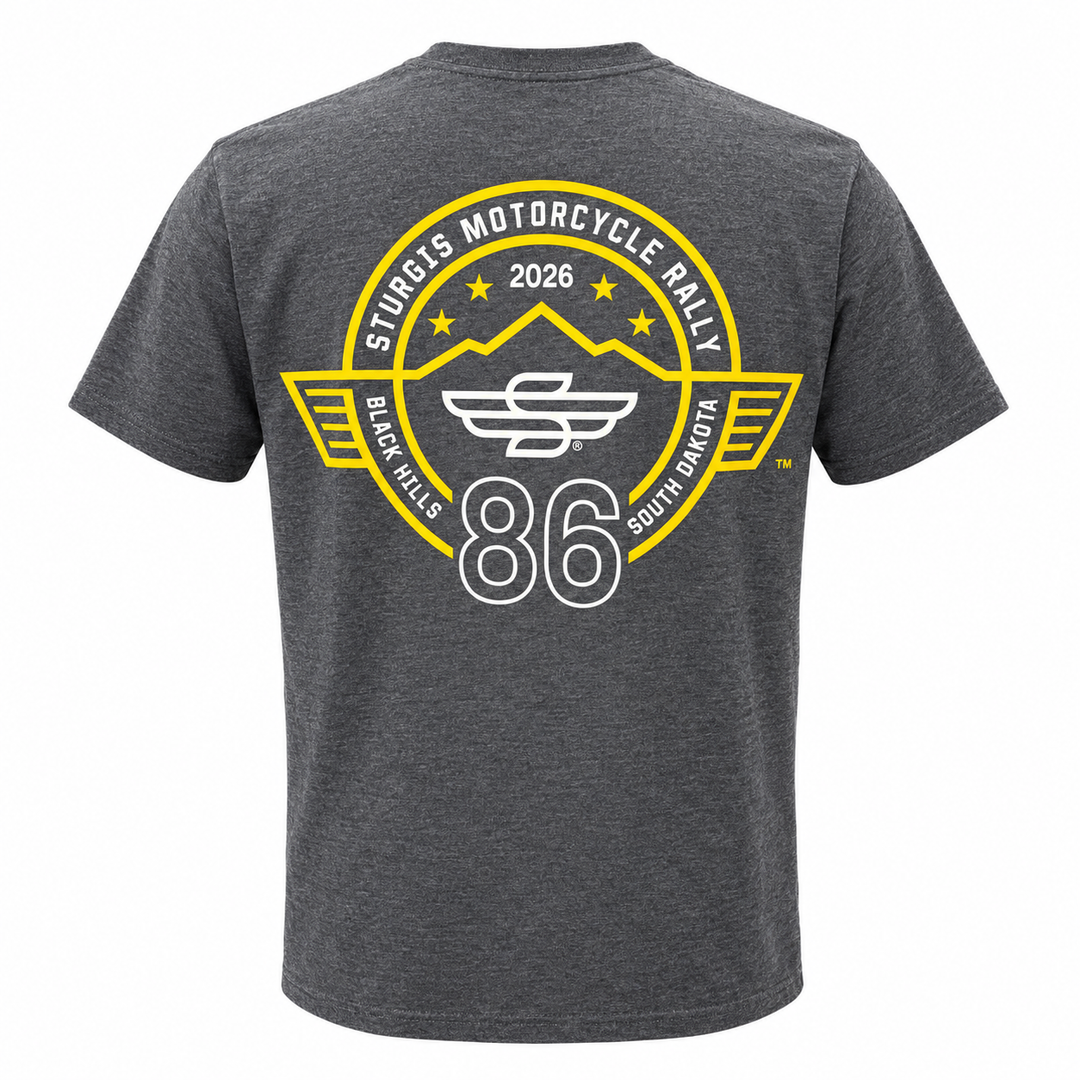 Sturgis 2026 official heather gray yellow Rough Stripe T-shirt — back view