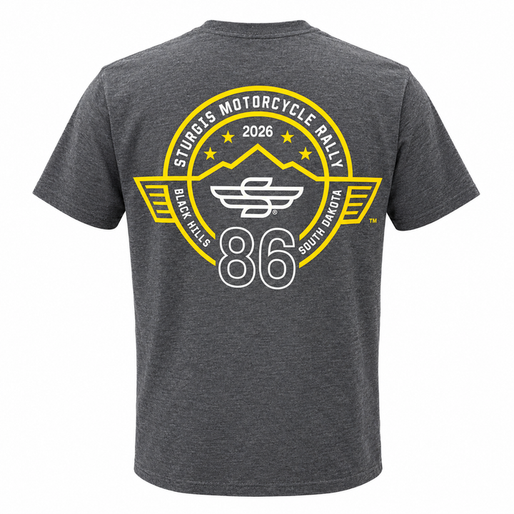 Sturgis 2026 official heather gray yellow Rough Stripe T-shirt — back view
