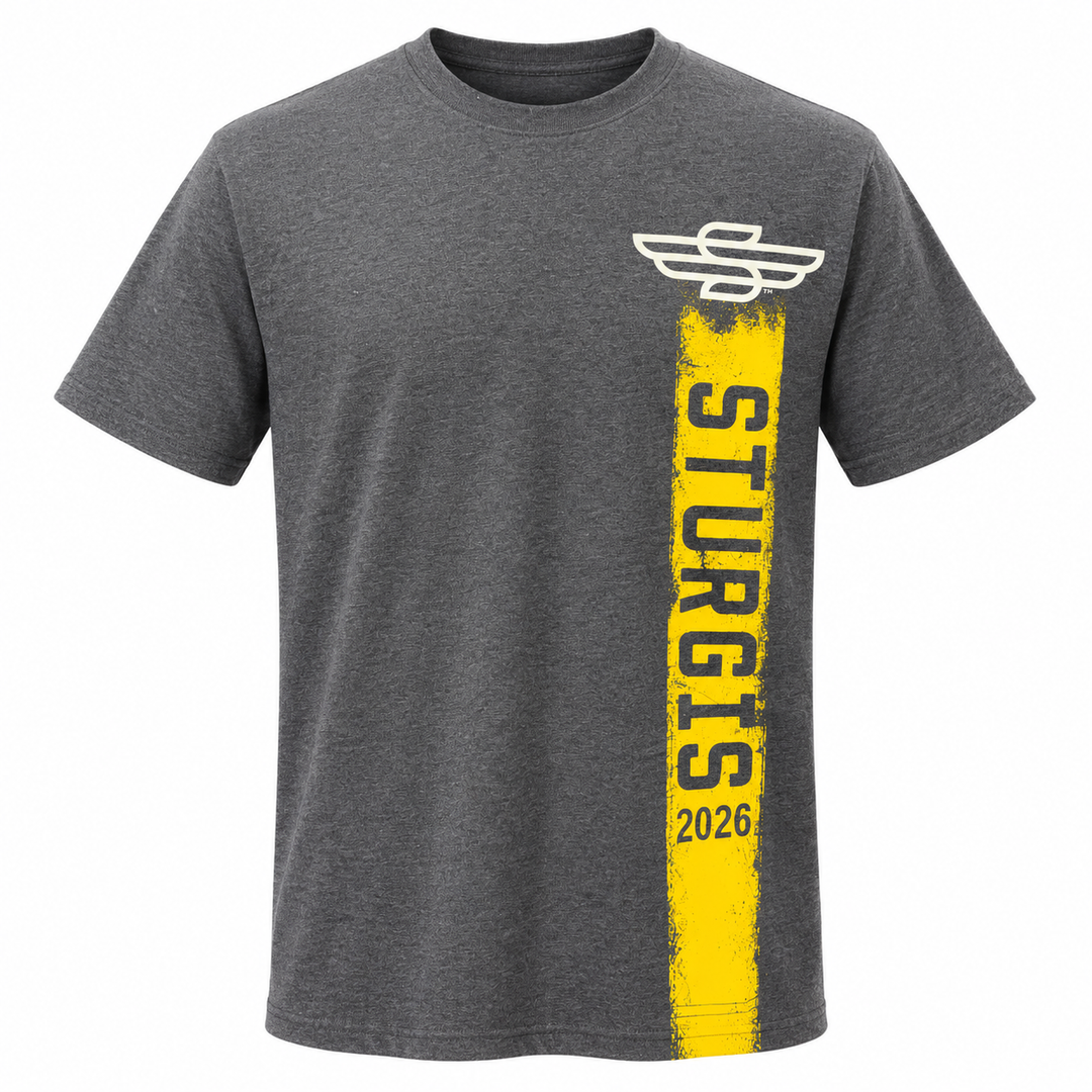 Sturgis 2026 official heather gray yellow Rough Stripe T-shirt — front view