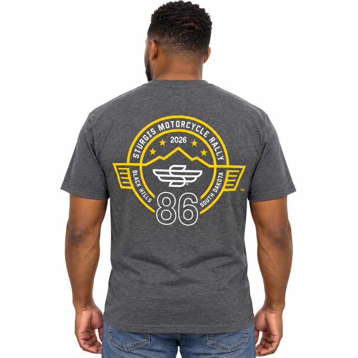 Sturgis 2026 official heather gray yellow Rough Stripe T-shirt — model back view