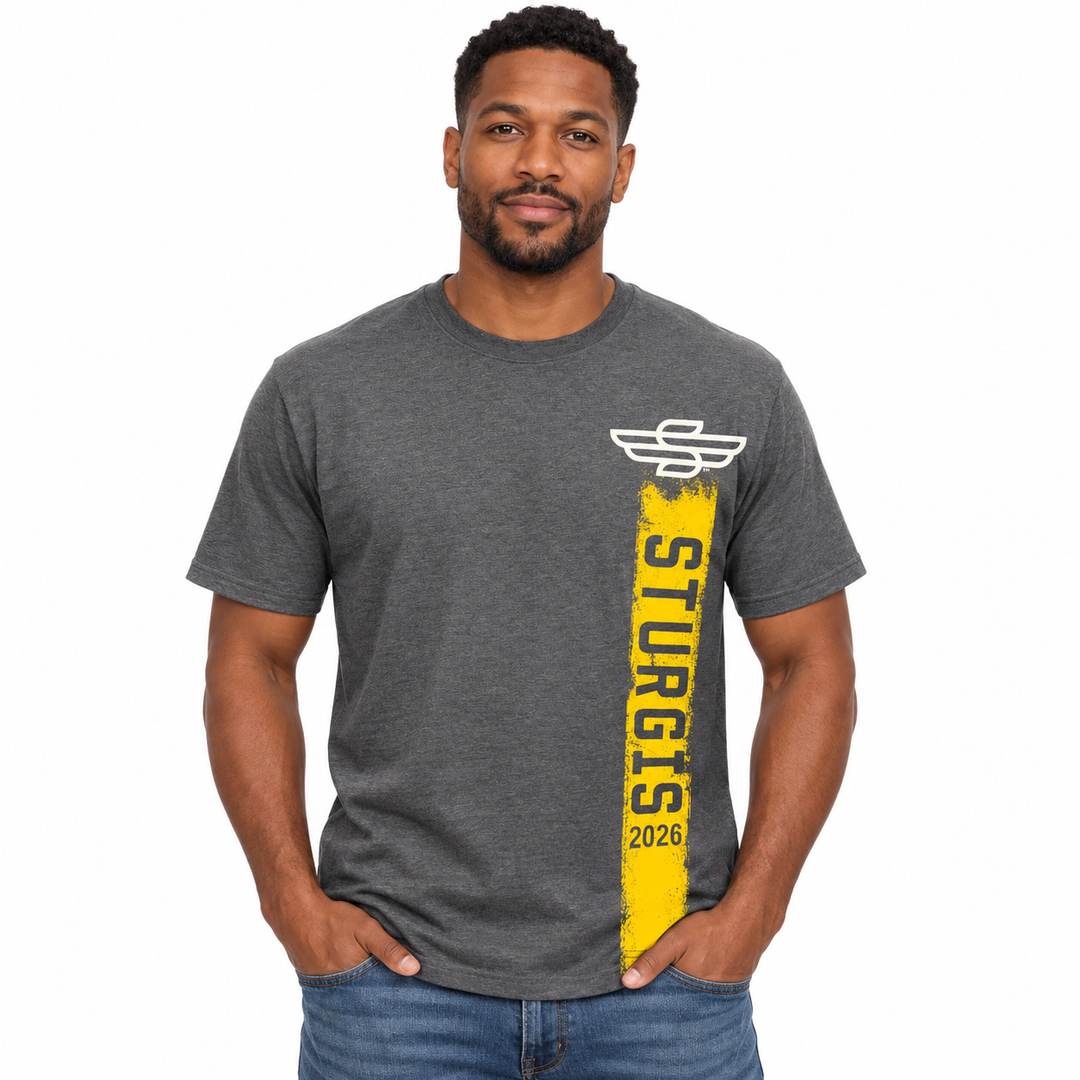 Sturgis 2026 official heather gray yellow Rough Stripe T-shirt — model front view