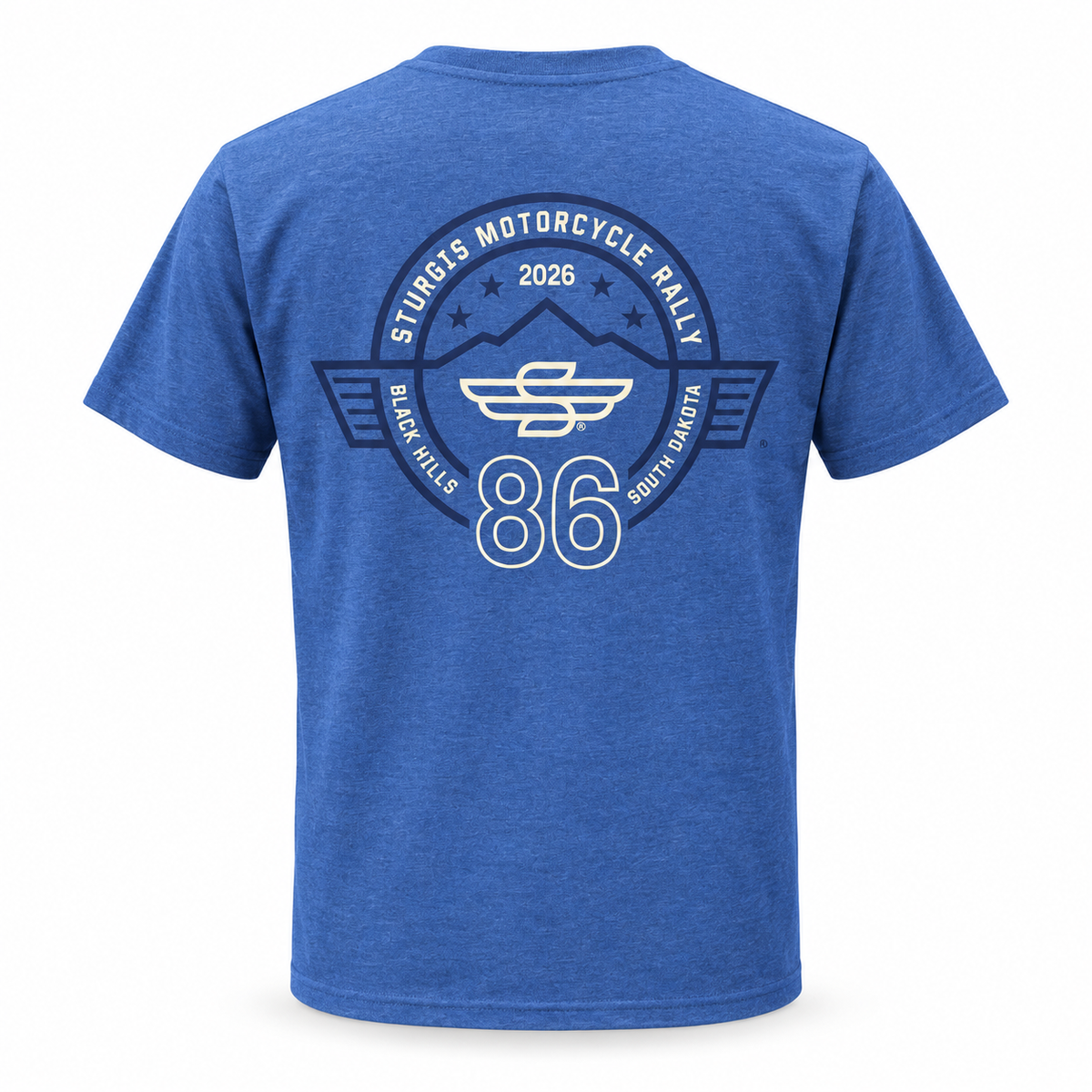 Heather blue Sturgis 2026 official T-shirt with navy and cream 86th rally back logo