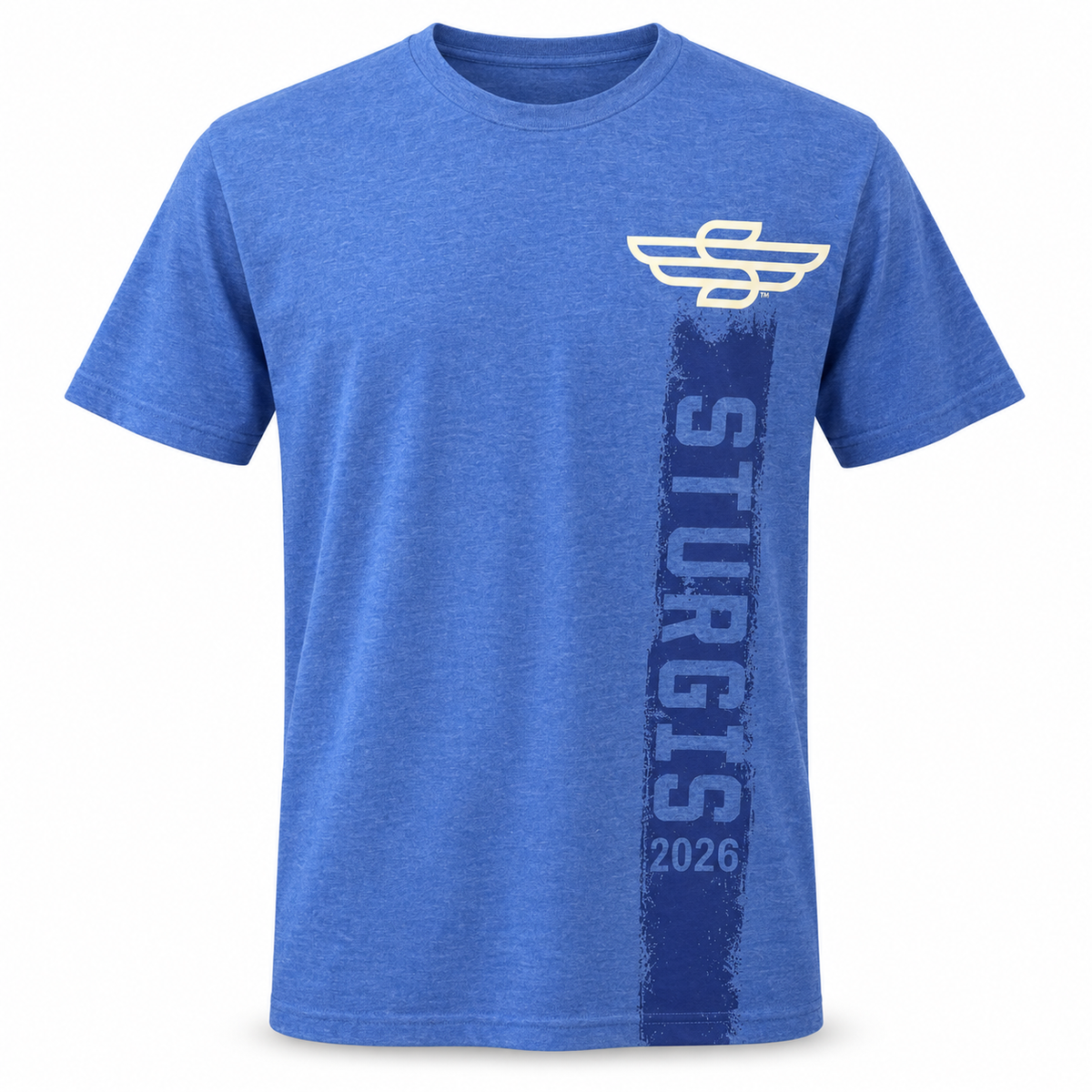 Heather blue Sturgis 2026 T-shirt with cream Winged-S emblem and navy vertical front graphic