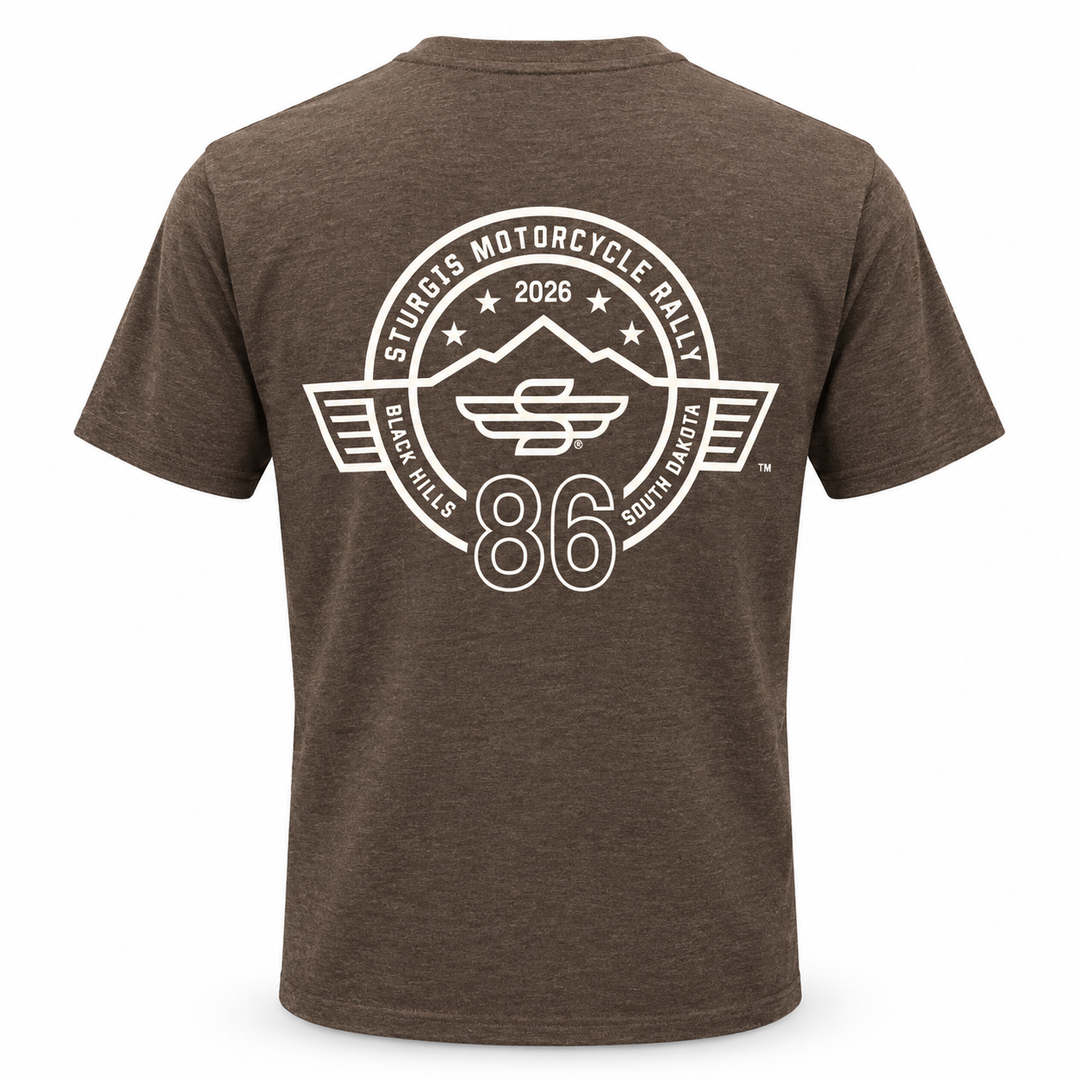 Heather brown official Sturgis 2026 T-shirt with cream 86th rally back logo
