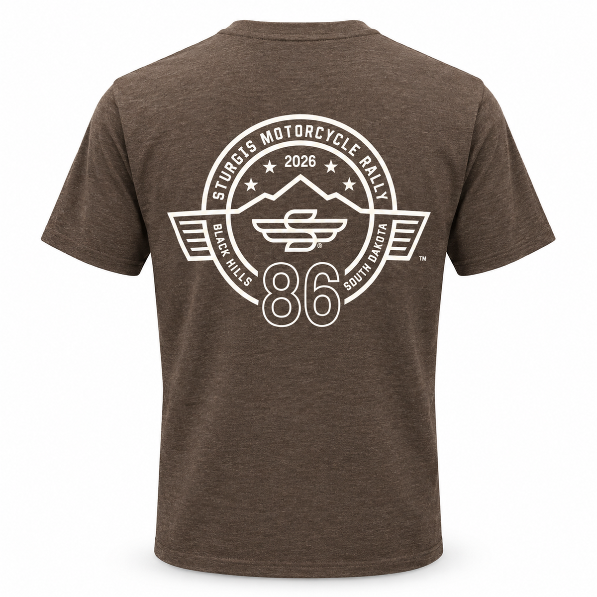 Heather brown official Sturgis 2026 T-shirt with cream 86th rally back logo