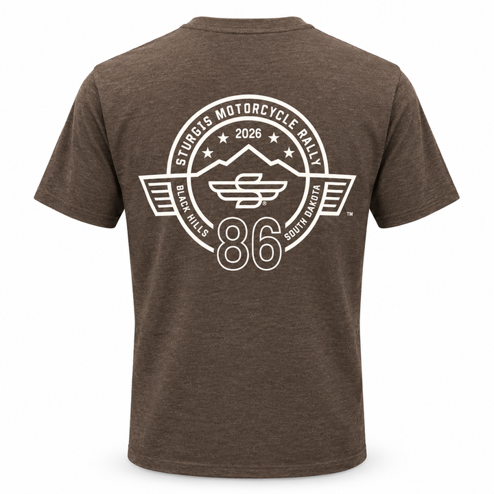 Heather brown official Sturgis 2026 T-shirt with cream 86th rally back logo