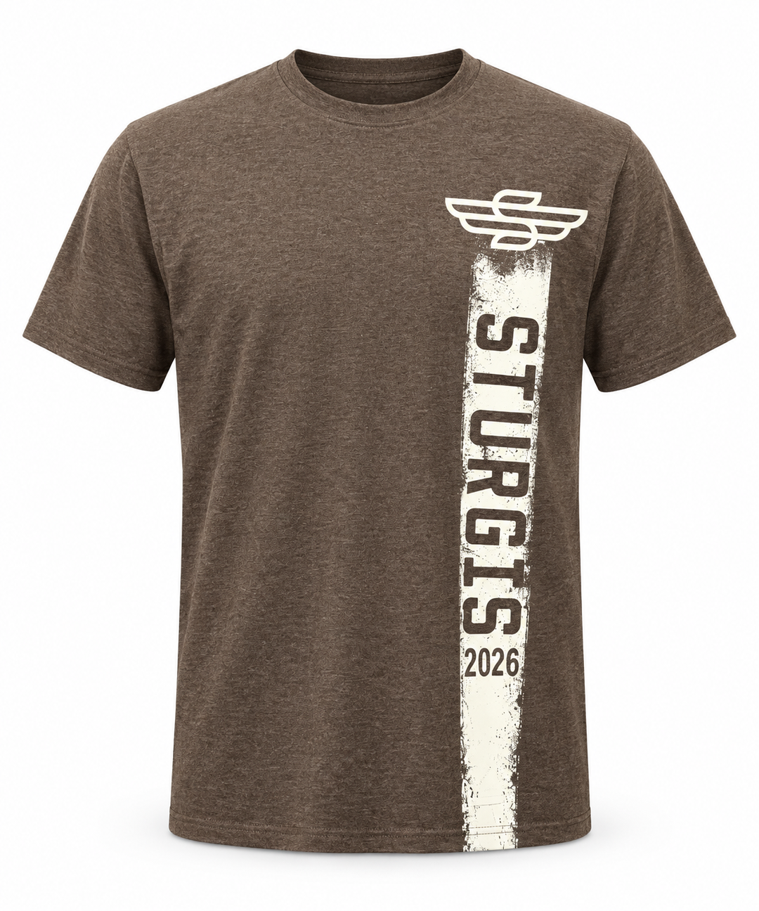 Heather brown Sturgis 2026 T-shirt with cream Winged-S and vertical front graphic