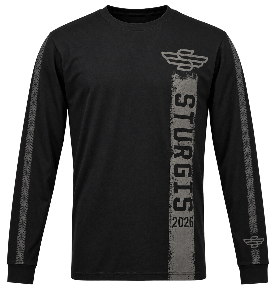 Sturgis 2026 official long sleeve shirt in Black on Black Rough Stripe — front view