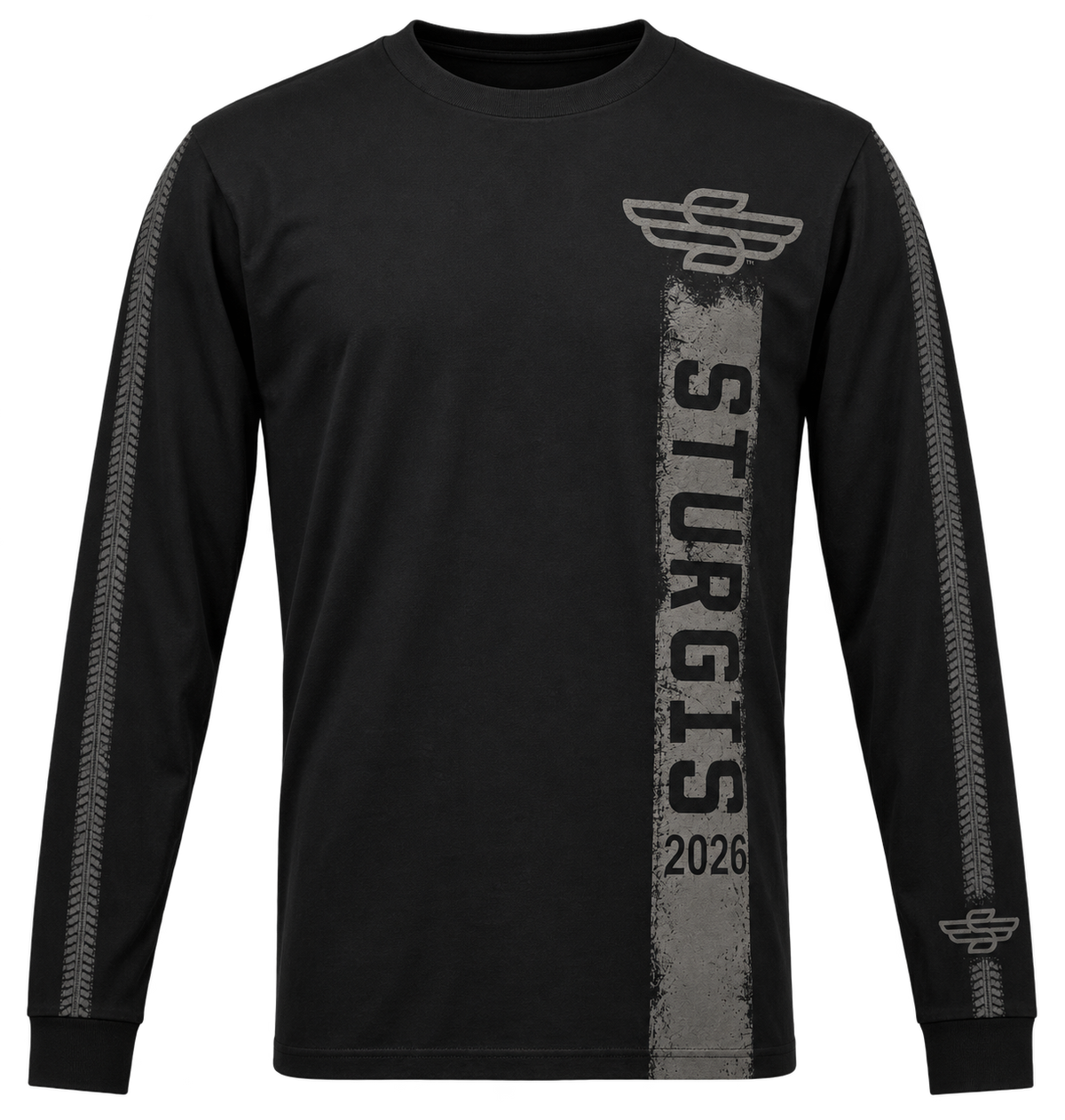 Sturgis 2026 official long sleeve shirt in Black on Black Rough Stripe — front view