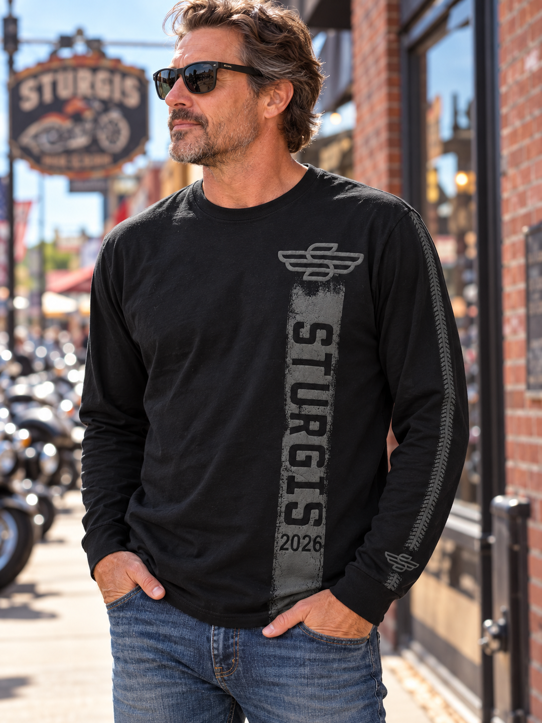Sturgis 2026 official long sleeve shirt in Black on Black Rough Stripe — male model front view