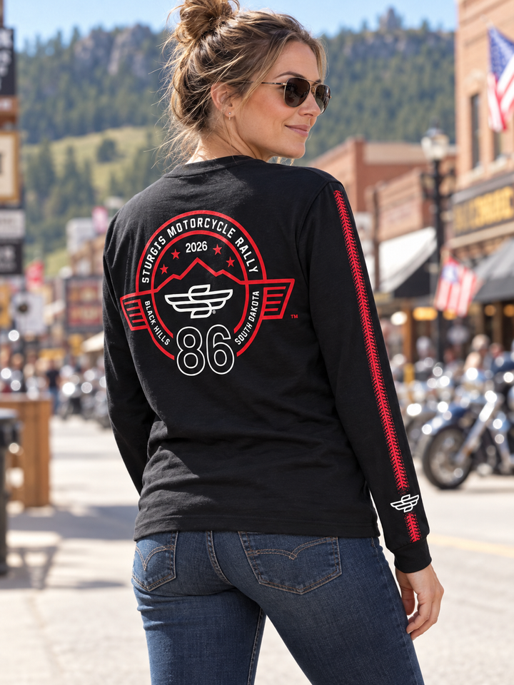 Sturgis 2026 official long sleeve shirt in Black / Red Rough Stripe — female model back view