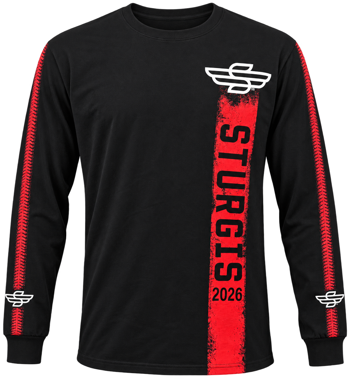 Sturgis 2026 official long sleeve shirt in Black / Red Rough Stripe — front view