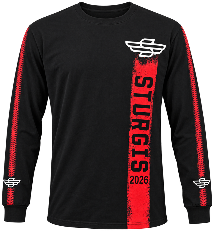 Sturgis 2026 official long sleeve shirt in Black / Red Rough Stripe — front view