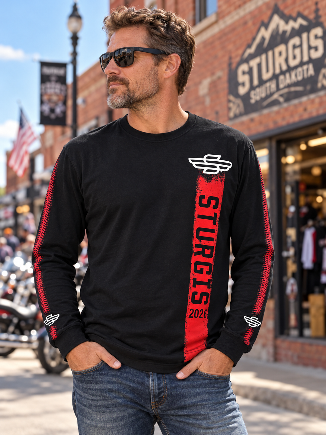 Sturgis 2026 official long sleeve shirt in Black / Red Rough Stripe — male model front view