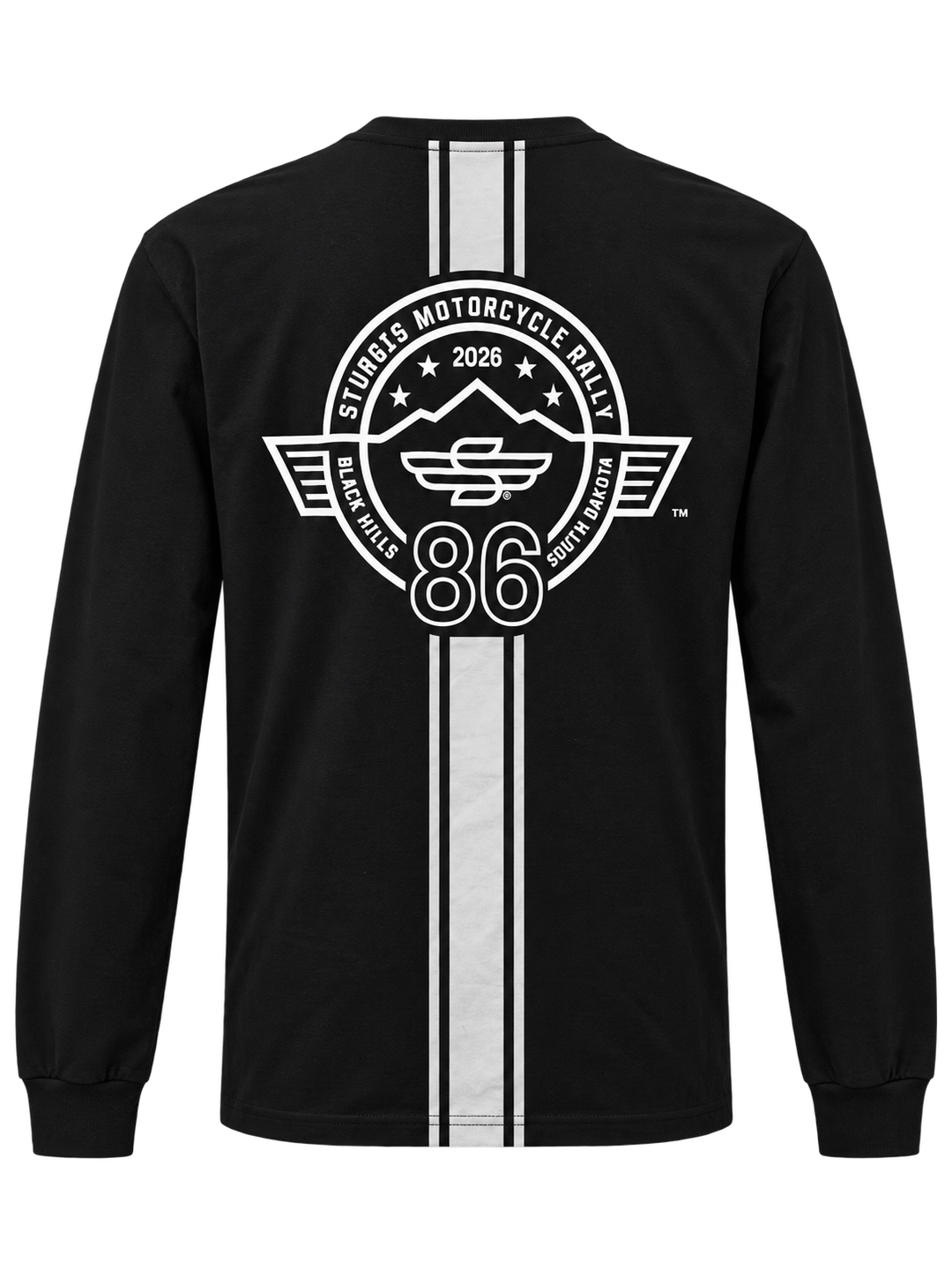Sturgis 2026 official long sleeve shirt in Black / White Racing Stripes — back view