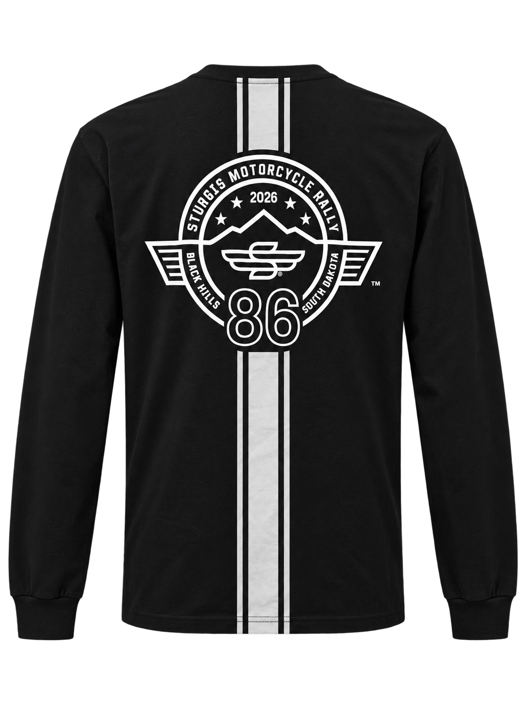 Sturgis 2026 official long sleeve shirt in Black / White Racing Stripes — back view