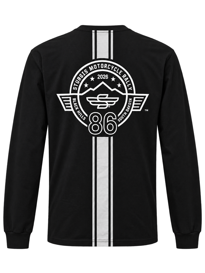 Sturgis 2026 official long sleeve shirt in Black / White Racing Stripes — back view