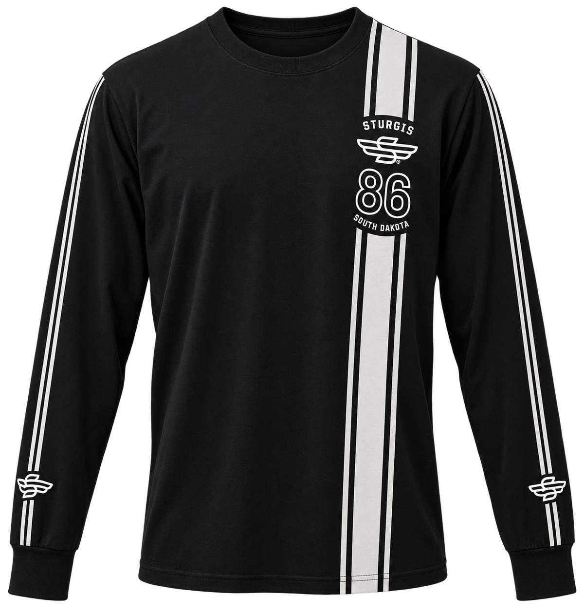 Sturgis 2026 official long sleeve shirt in Black / White Racing Stripes — front view
