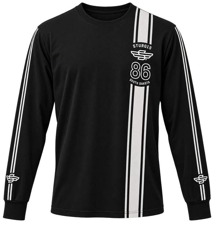Sturgis 2026 official long sleeve shirt in Black / White Racing Stripes — front view