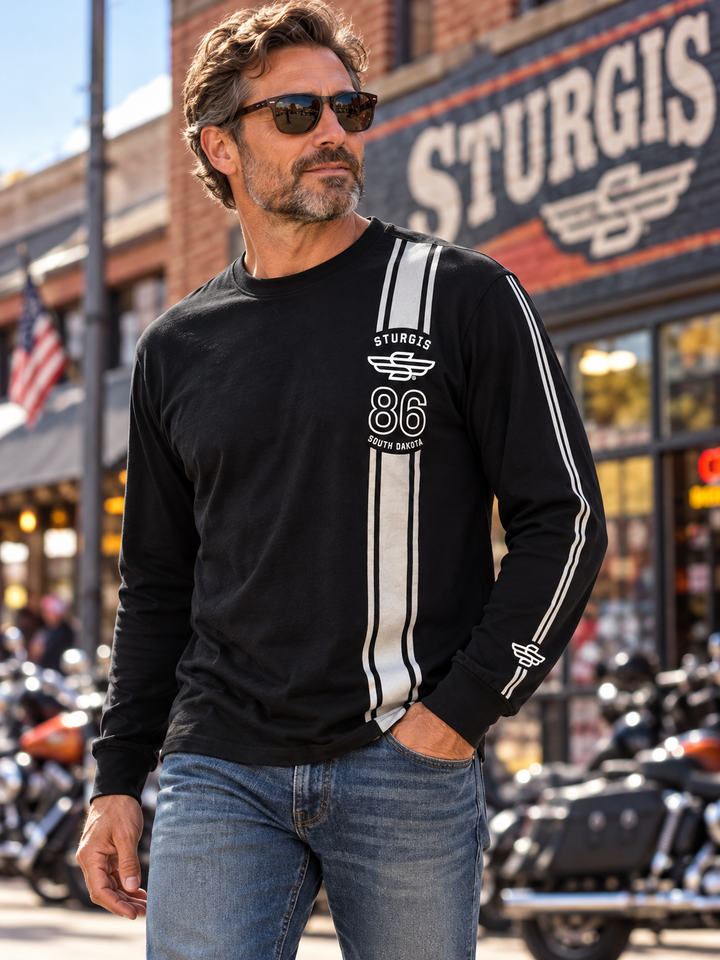Sturgis 2026 official long sleeve shirt in Black / White Racing Stripes — male model front view