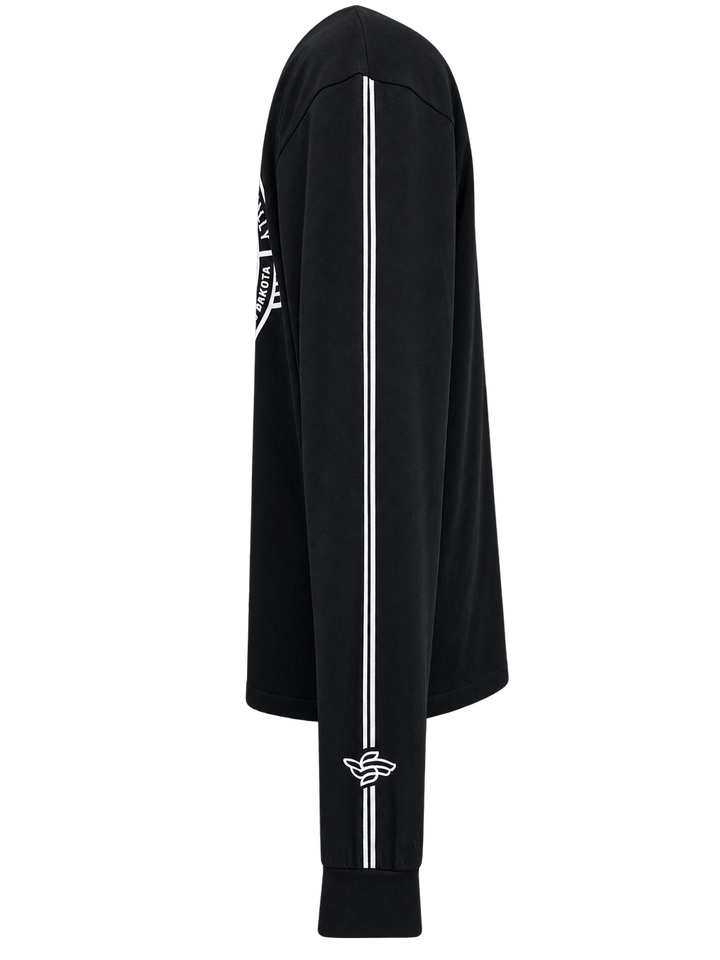 Sturgis 2026 official long sleeve shirt in Black / White Racing Stripes — double stripe sleeve print detail