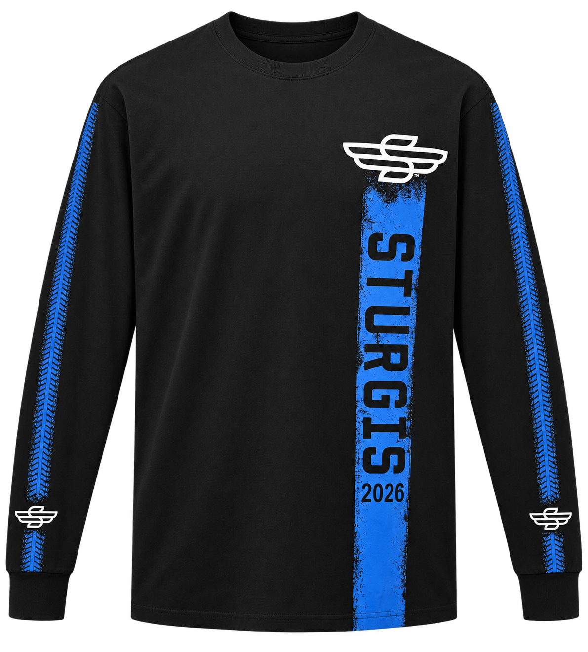 Sturgis 2026 official black and blue long sleeve shirt — front view