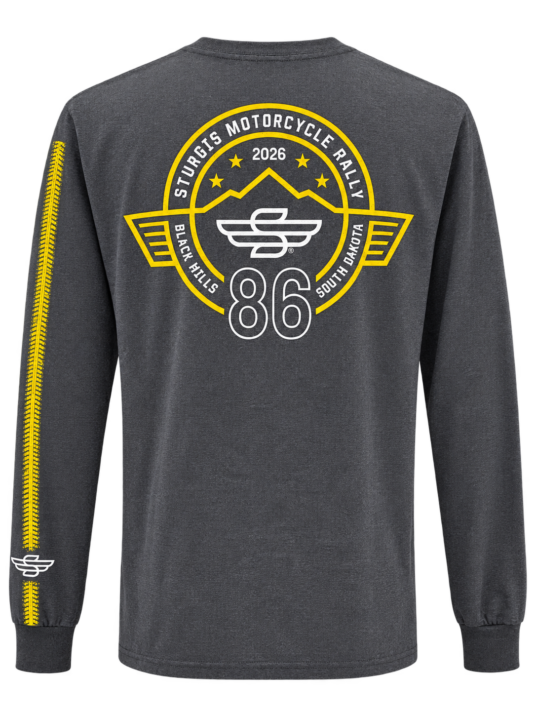Sturgis 2026 official long sleeve shirt in Heather Charcoal / Yellow Rough Stripe — back view