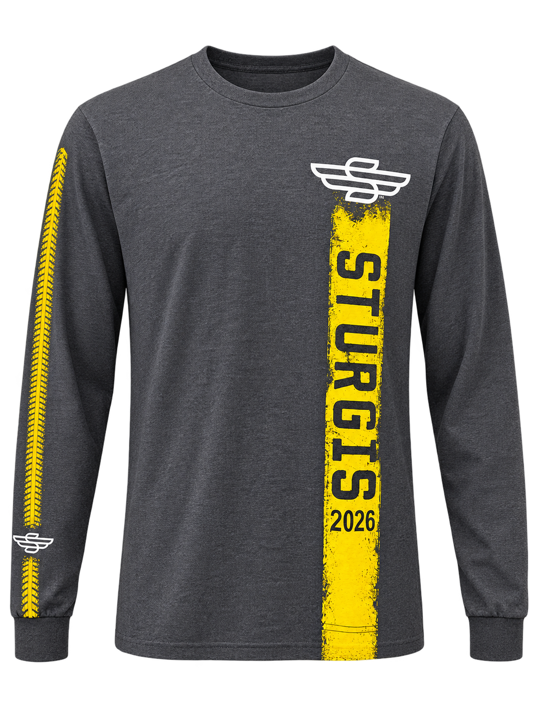 Sturgis 2026 official long sleeve shirt in Heather Charcoal / Yellow Rough Stripe — front view