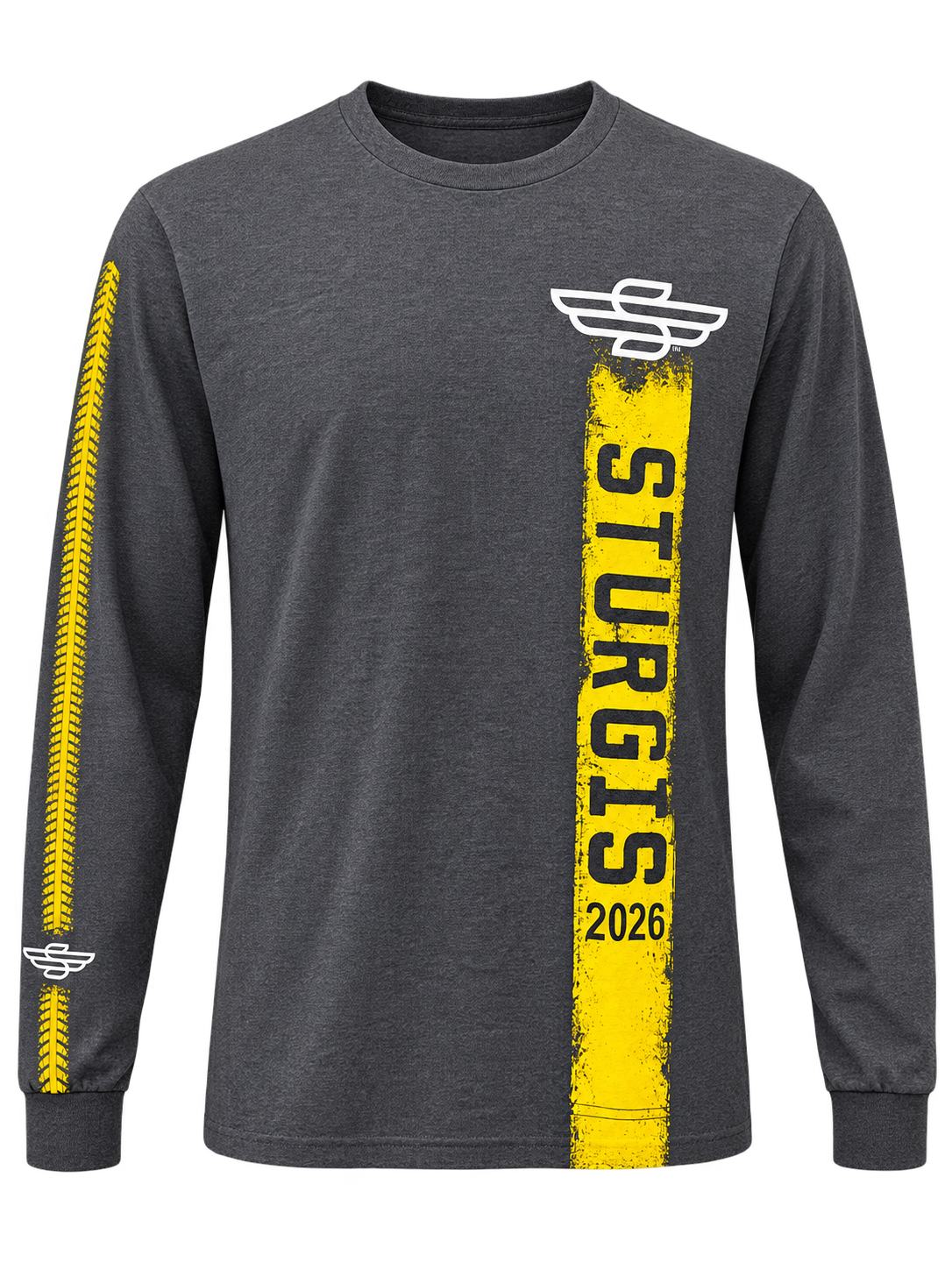 Sturgis 2026 official long sleeve shirt in Heather Charcoal / Yellow Rough Stripe — front view