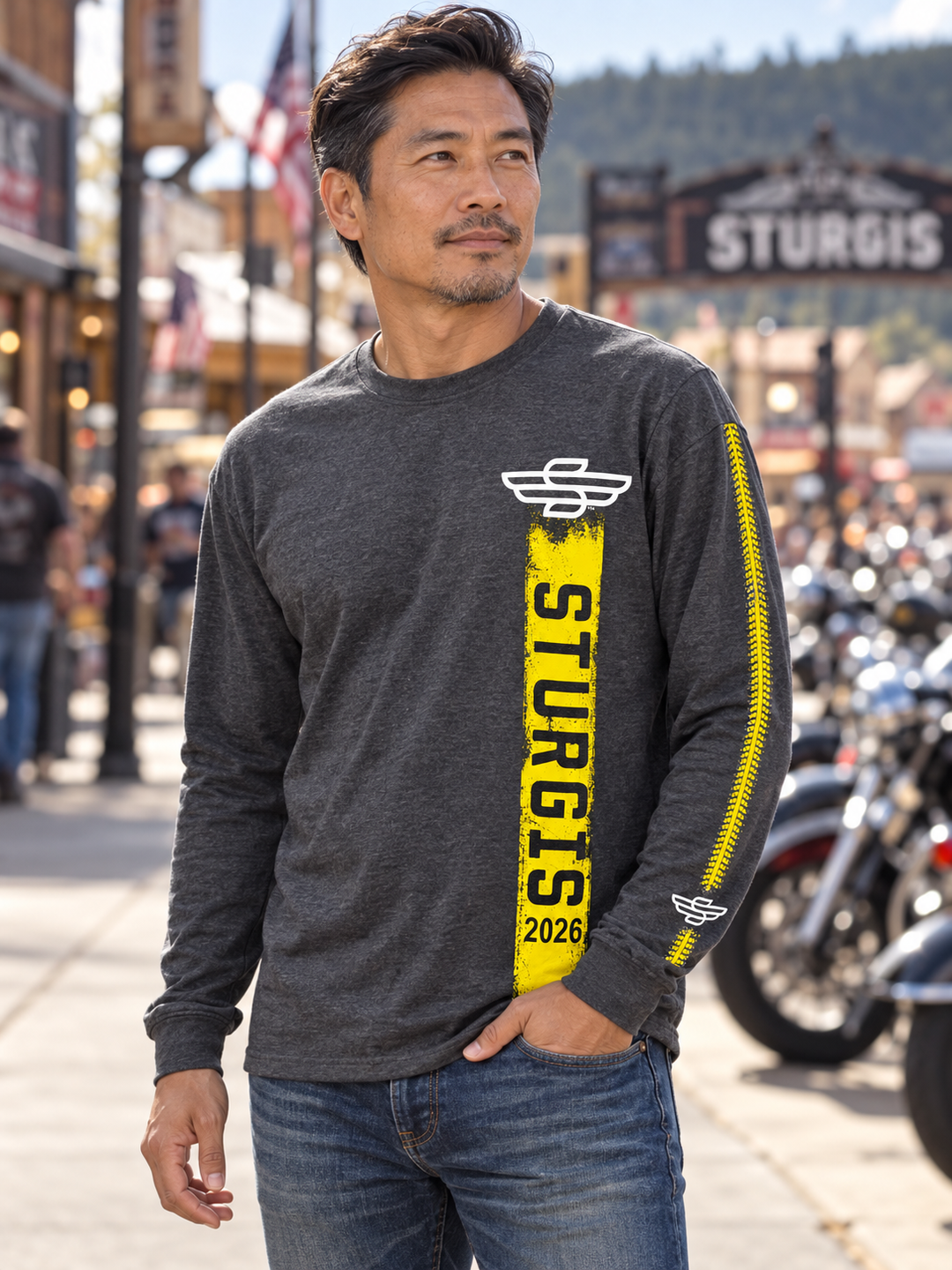 Sturgis 2026 official long sleeve shirt in Heather Charcoal / Yellow Rough Stripe — male model front view