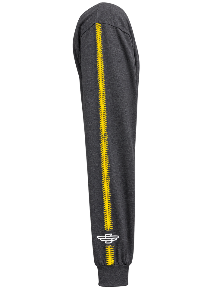 Sturgis 2026 official long sleeve shirt in Heather Charcoal / Yellow Rough Stripe — sleeve print detail