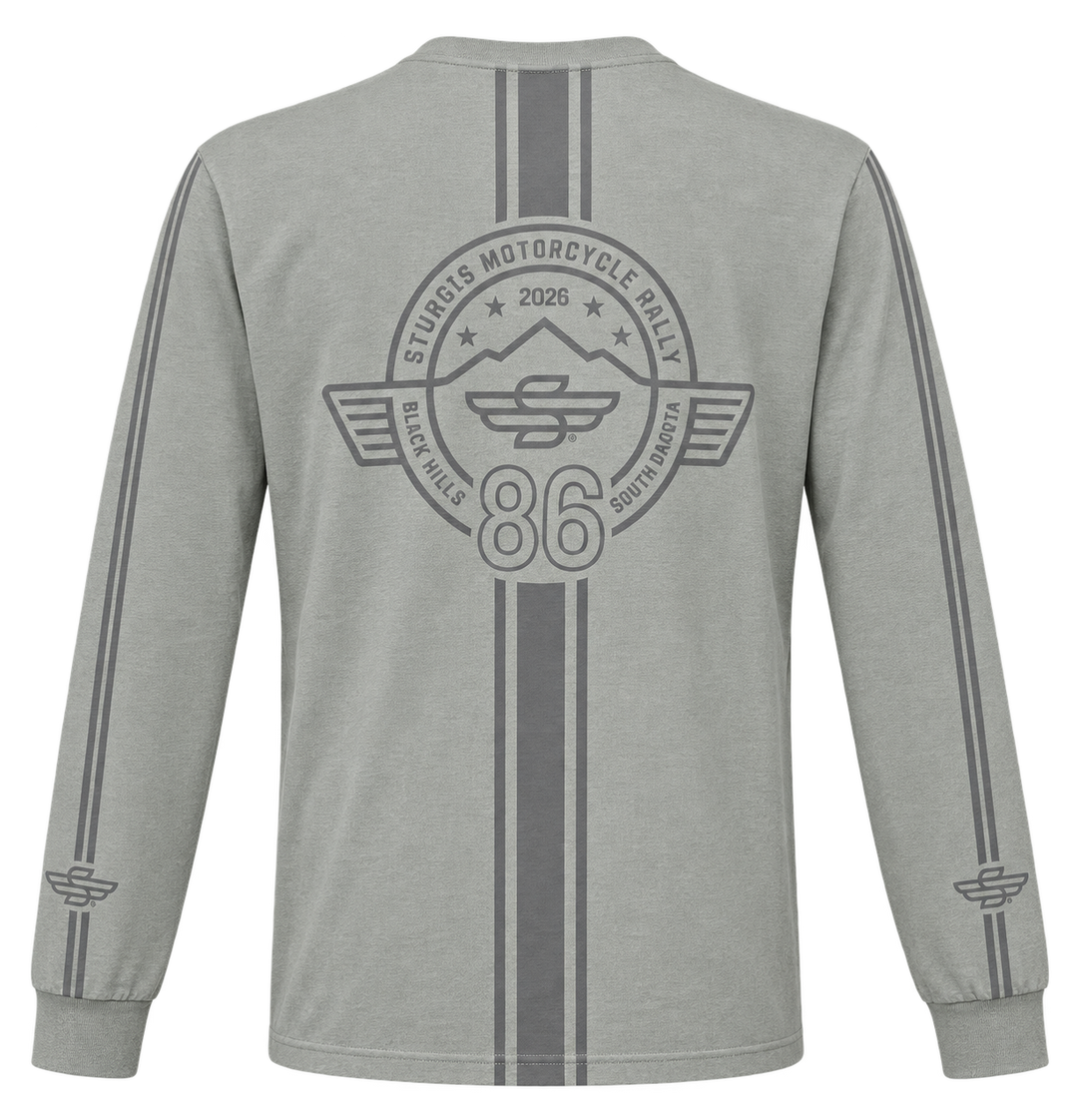 Sturgis 2026 official long sleeve shirt in Heather Gray Racing Stripes — back view