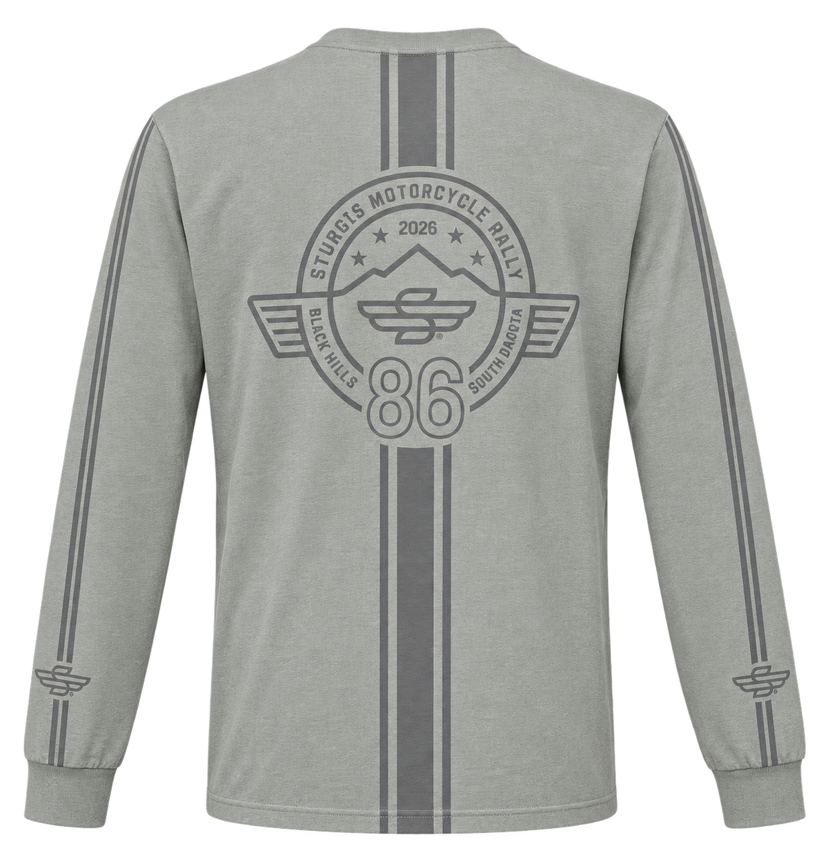Sturgis 2026 official long sleeve shirt in Heather Gray Racing Stripes — back view