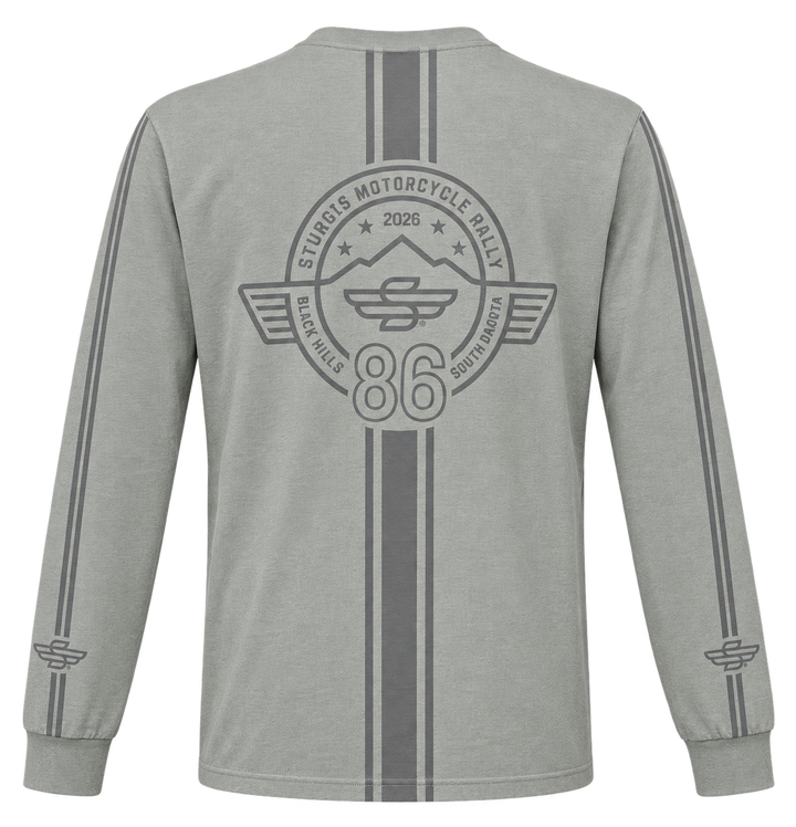 Sturgis 2026 official long sleeve shirt in Heather Gray Racing Stripes — back view