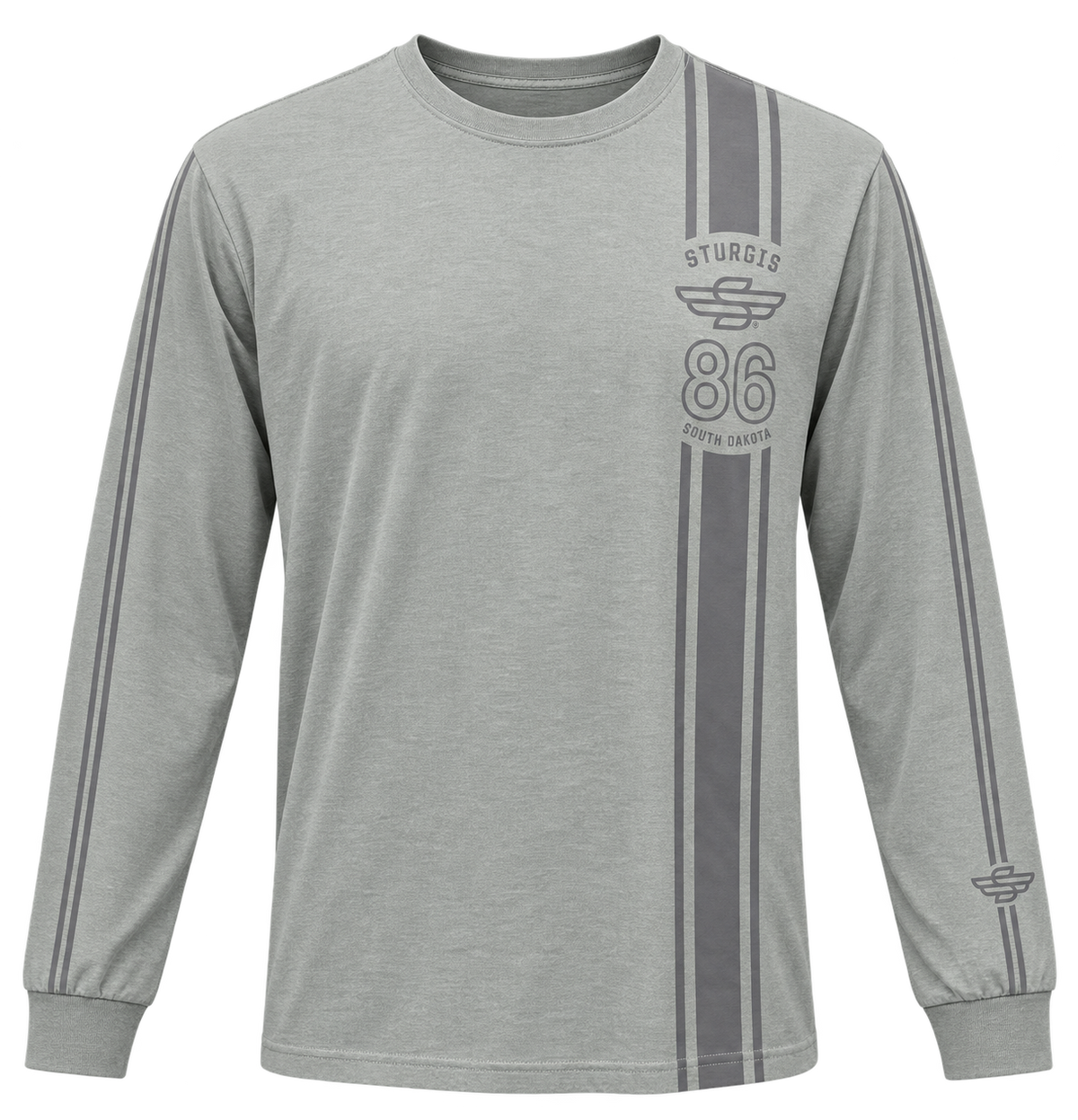 Sturgis 2026 official long sleeve shirt in Heather Gray Racing Stripes — front view