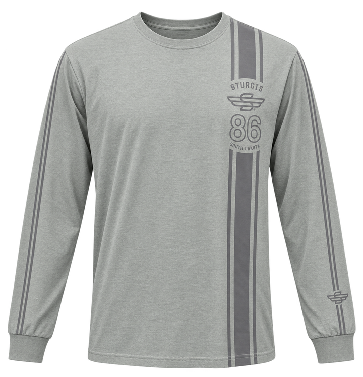 Sturgis 2026 official long sleeve shirt in Heather Gray Racing Stripes — front view