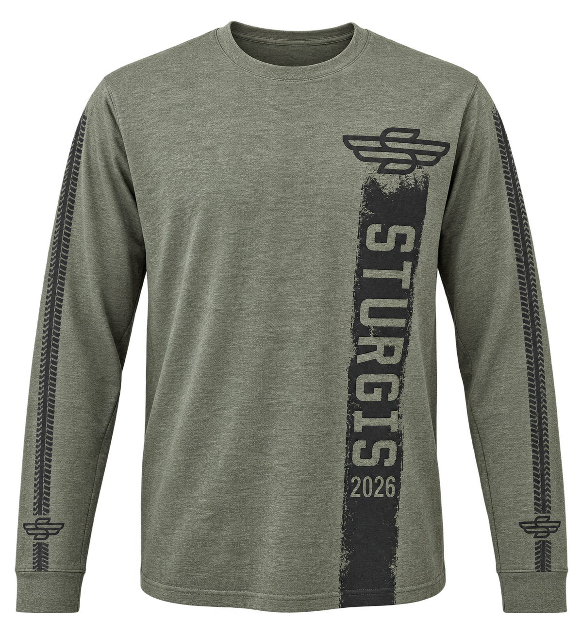 Sturgis 2026 official long sleeve shirt in Heather Olive / Black Rough Stripe — front view