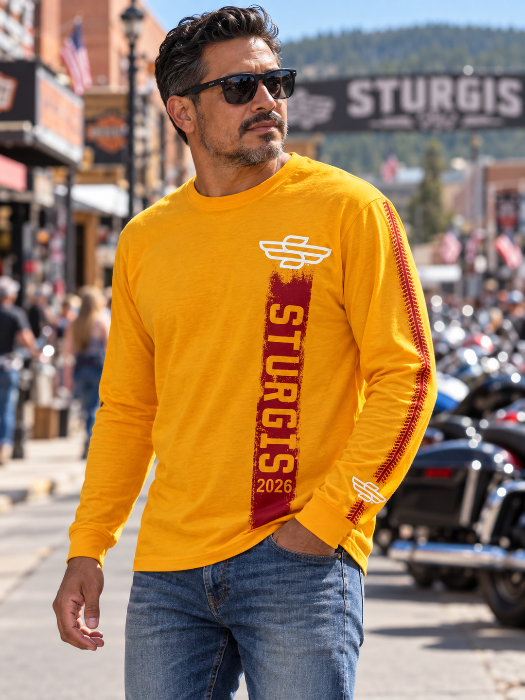 Sturgis 2026 official long sleeve shirt in Yellow / Red Rough Stripe — male model front view