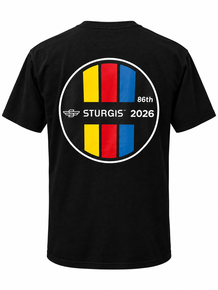 Sturgis 2026 Official Rally T-Shirt — Black / Retro Stripe — back