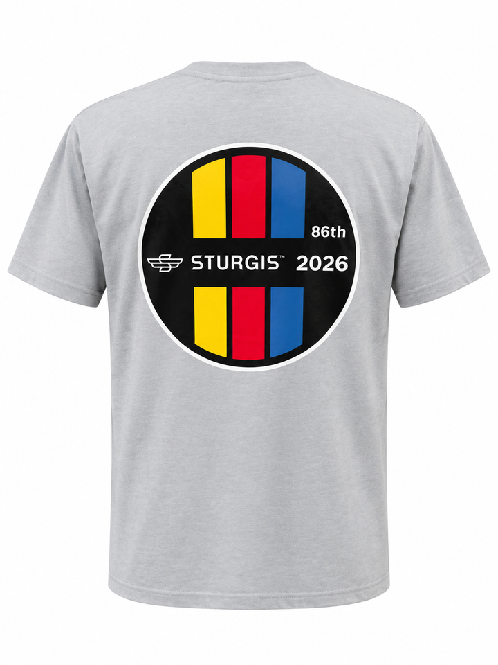 Sturgis 2026 official light gray Retro Stripe T-shirt with multicolor circular S logo badge — back