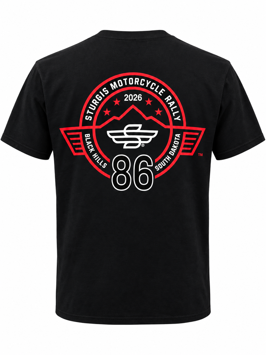 Sturgis 2026 official Rough Stripe black T-shirt with red and white graphics — back