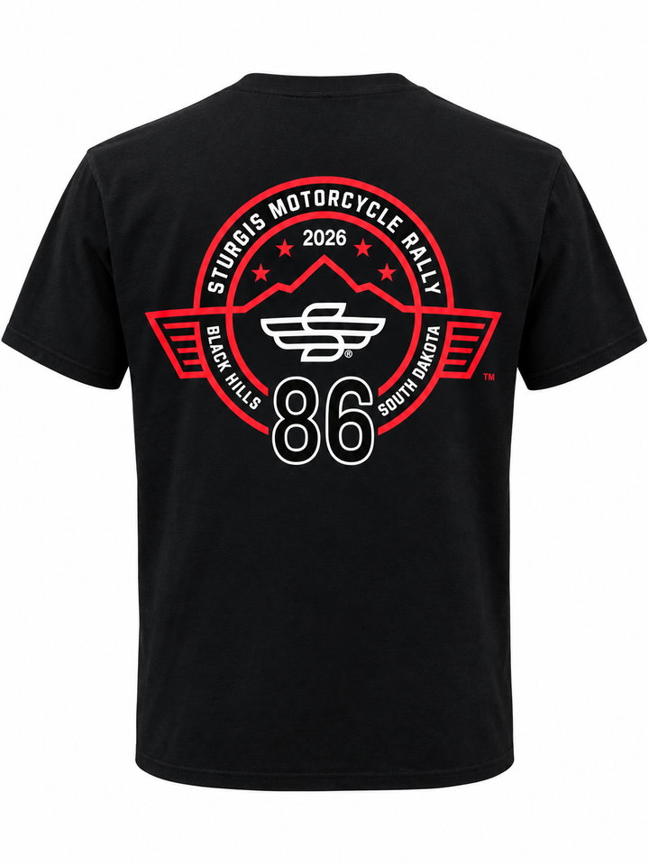 Sturgis 2026 official Rough Stripe black T-shirt with red and white graphics — back