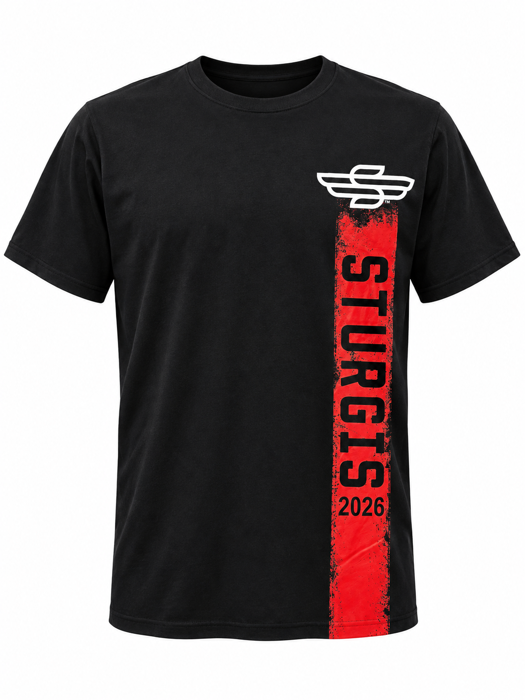 Sturgis 2026 official Rough Stripe black T-shirt with red and white graphics — front