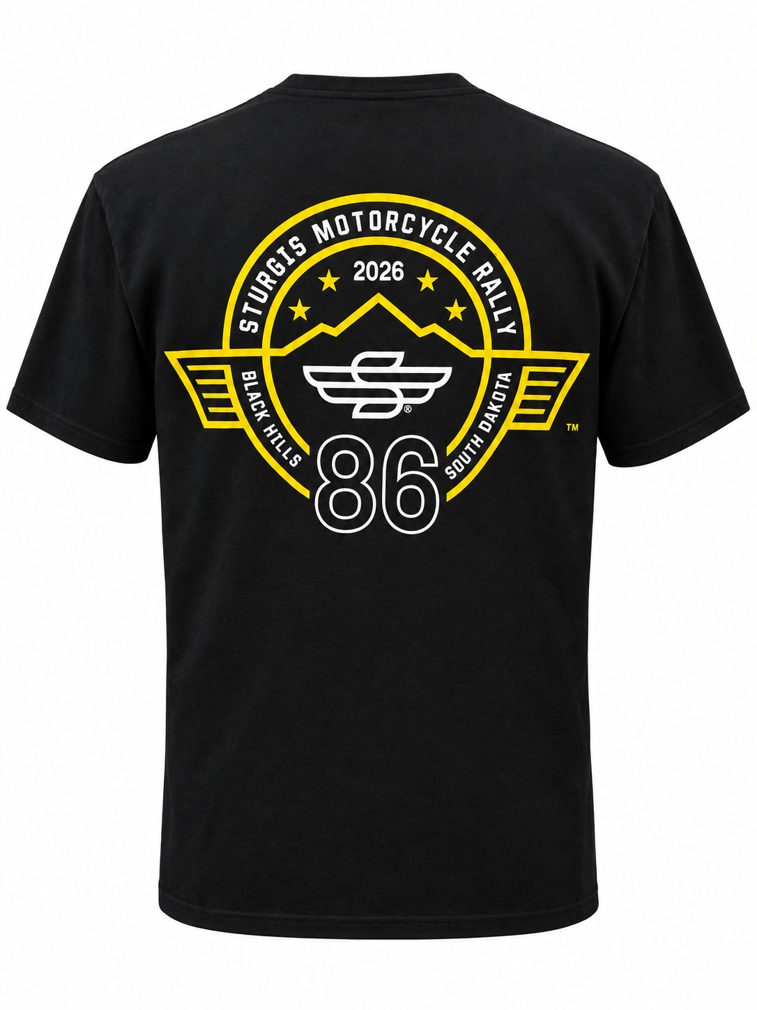 Sturgis 2026 official black T-shirt with yellow Rough Stripe and white S logo — back