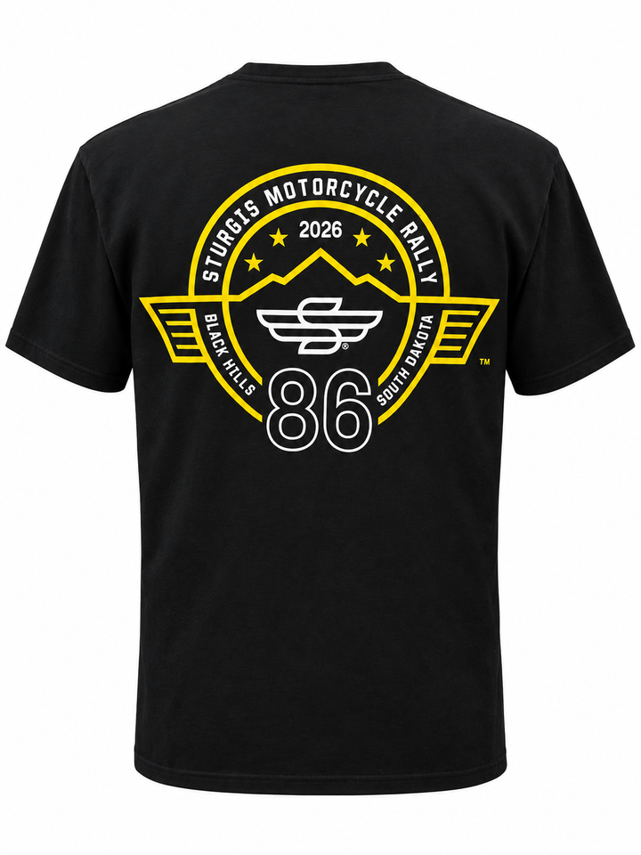 Sturgis 2026 official black T-shirt with yellow Rough Stripe and white S logo — back