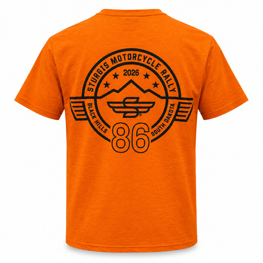 Orange Sturgis 2026 official Rough Stripe Winged-S T-shirt, back view with black graphics