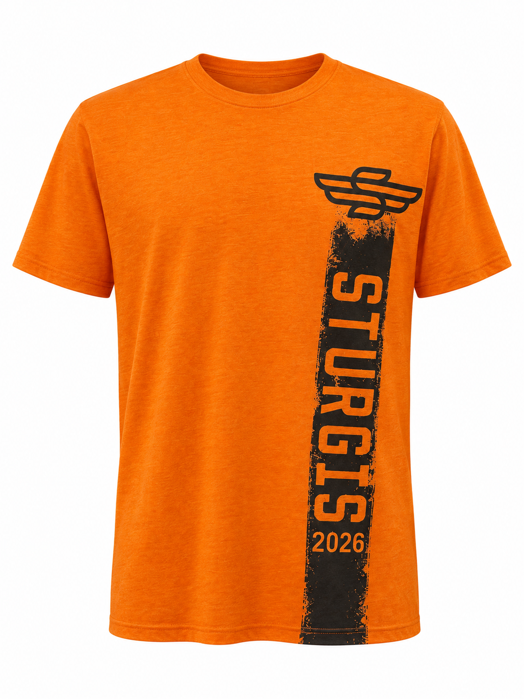 Orange Sturgis 2026 official Rough Stripe Winged-S T-shirt, front view with black graphics