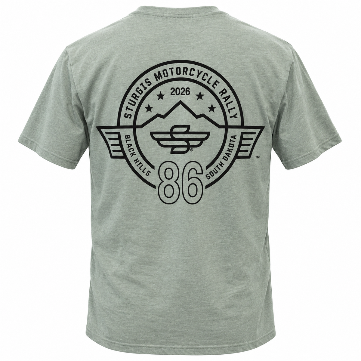 Sturgis 2026 official sage green T-shirt with black Winged-S 86th rally logo — back view