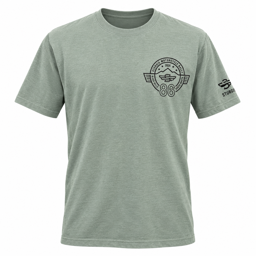 Sturgis 2026 official sage green T-shirt with black Winged-S 86th rally logo — front view