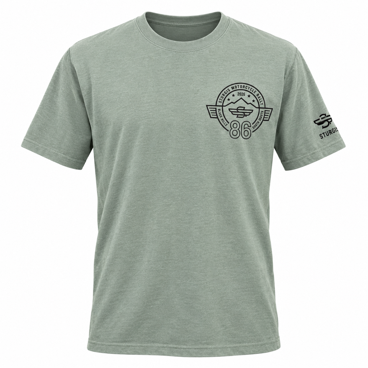 Sturgis 2026 official sage green T-shirt with black Winged-S 86th rally logo — front view